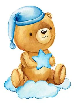 Cute teddy bear with star isolated on white background. Watercolor hand draw Stock Illustration