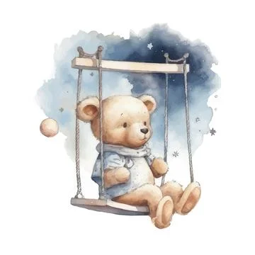 Cute teddy bear swinging on a swing on a star.watercolor hand draw illustrati Stock Illustration