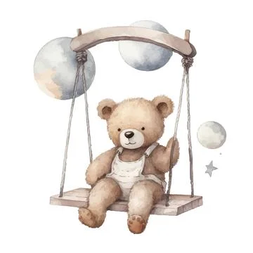 Cute teddy bear swinging on a swing on a star.watercolor hand draw illustra.. Stock Illustration