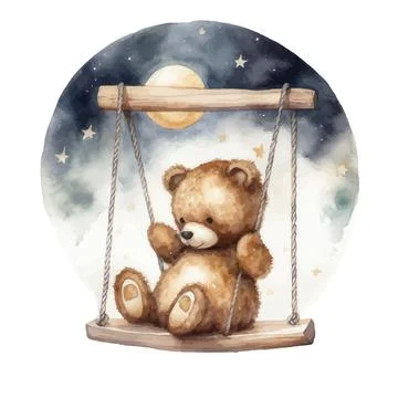 Cute teddy bear swinging on a swing on a star. watercolor hand draw illustrat Illustrazione stock