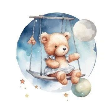 Cute teddy bear swinging on a swing on a star. watercolor hand draw illustrat Stock Illustration