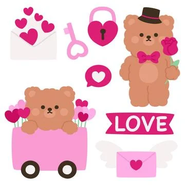 Cute Teddy Bear Valentine Elements with Love Icons Stock Illustration