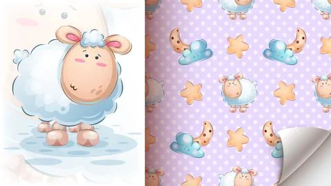 Cute teddy lamb - seamless pattern Stock Illustration