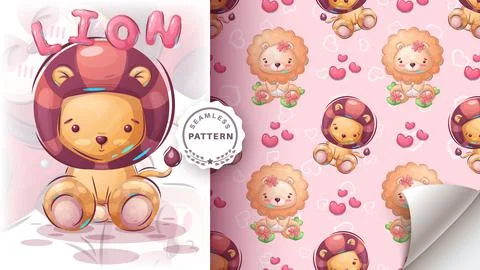 Cute teddy lion - seamless pattern Stock Illustration