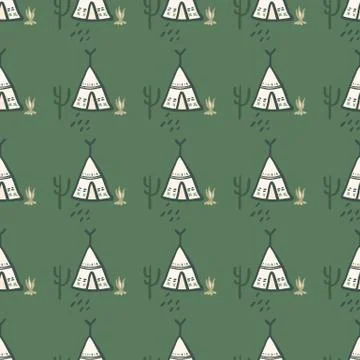 Cute teepee seamless pattern on green background. Native style. Tribal wallpa Stock Illustration