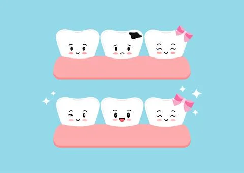 Cute teeth before and after decay in gym dental kids icon set isolated. Stock Illustration