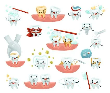 Cute Teeth Character with Smiling Face Big Vector Set Stock Illustration