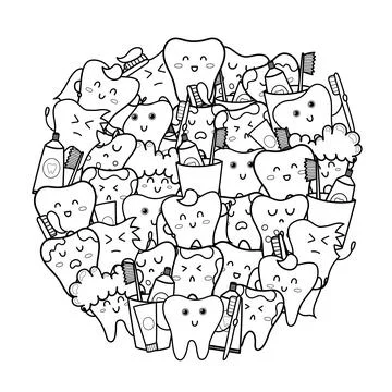 Cute teeth circle shape coloring page. Doodle mandala with funny teeth Stock Illustration