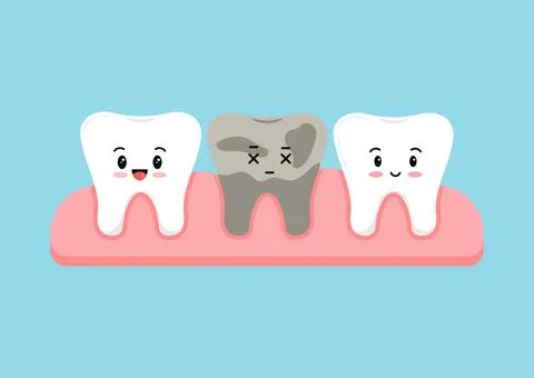 Cute teeth in gum with dead decay sad tooth kids dentistry sign isolated on blue Stock Illustration