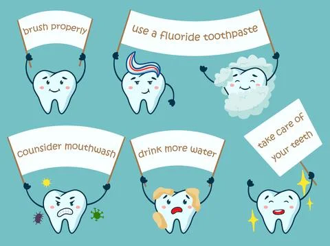 Cute teeth with motivation poster isolated set Stock Illustration