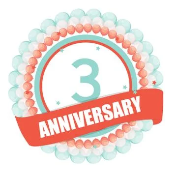 Cute Template 3 Years Anniversary with Balloons and Ribbon Vecto Stock Illustration