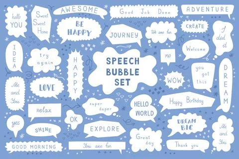 Cute text balloon. Hand drawn talk frame, line cloud conversation. Simple com Stock Illustration