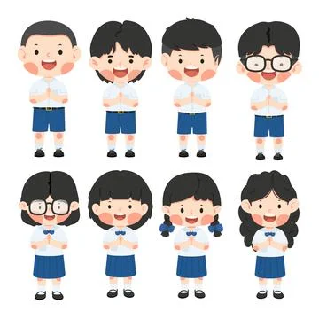Cute thai kid in school uniform set Stock Illustration