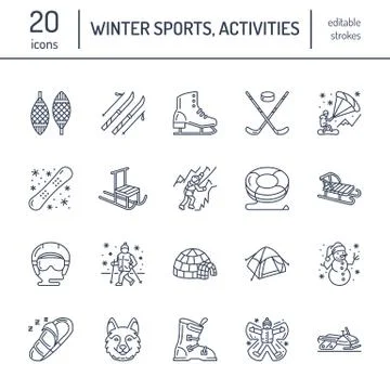 Cute thin line icons of winter sports. Outdoor activities vector elements - Stock Illustration