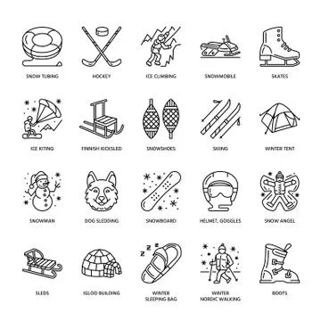 Cute thin line icons of winter sports. Outdoor activities vector Illustrazione stock