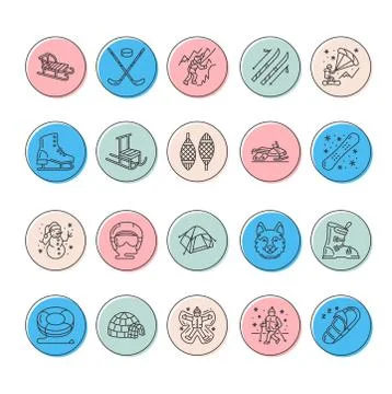 Cute thin line icons of winter sports. Outdoor activities vector elements - 스톡 일러스트