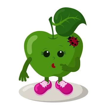 Cute thoughtful or surprised apple with ladybug and sneakers emoticon Stock Illustration