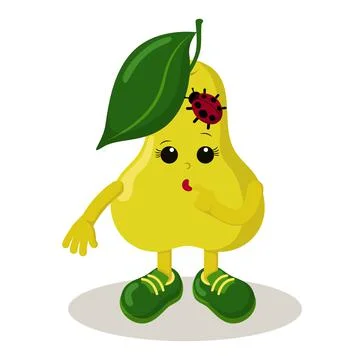 Cute thoughtful or surprised pear with ladybug and sneakers emoticon Stock Illustration