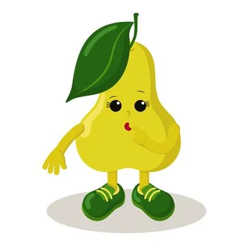 Cute thoughtful or surprised pear with sneakers emoticon. Colorful kawaii fruit Stock Illustration