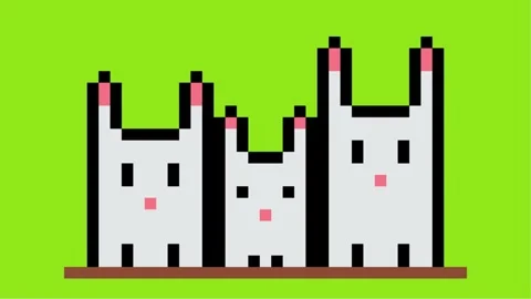 Cute three rabbit pixel art on green and white screen animation Stock Footage 311492334
