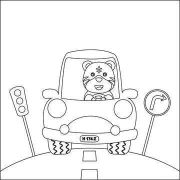 Cute tiger cartoon having fun driving a city car on sunny day. Stock Illustration