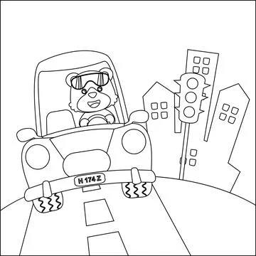 Cute tiger cartoon having fun driving a city car on sunny day. Stock Illustration