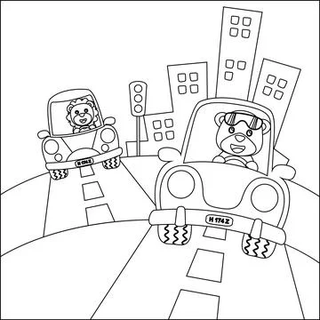Cute tiger cartoon having fun driving a city car on sunny day. Stock Illustration