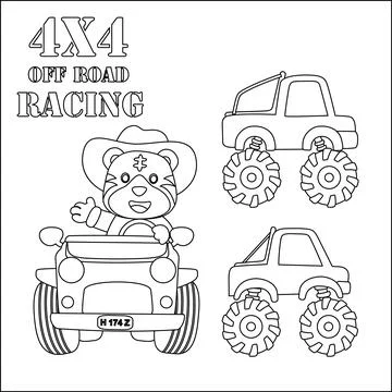 Cute tiger cartoon having fun driving a off road car. Cartoon isolated Stock Illustration