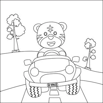 Cute tiger cartoon having fun driving off road car on sunny day. Stock Illustration
