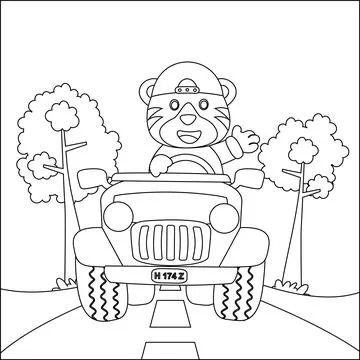 Cute tiger cartoon having fun driving off road car on sunny day. Stock Illustration