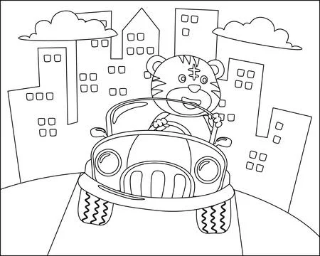 Cute tiger cartoon having fun driving a city car on sunny day. Stock Illustration