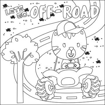 Cute tiger cartoon having fun driving off road car on sunny day. Stock Illustration