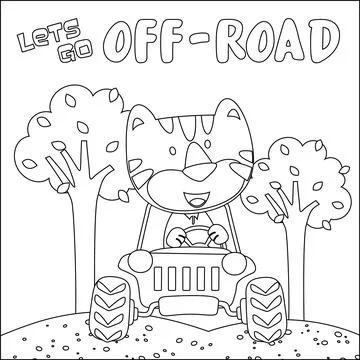 Cute tiger cartoon having fun driving off road car on sunny day. Stock Illustration