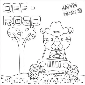 Cute tiger cartoon having fun driving off road car on sunny day. Stock Illustration