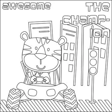 Cute tiger cartoon having fun driving off road car on sunny day. Stock Illustration
