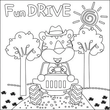 Cute tiger cartoon having fun driving off road car on sunny day. Stock Illustration