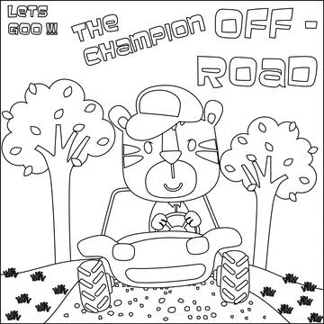 Cute tiger cartoon having fun driving off road car on sunny day. Stock Illustration