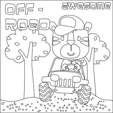Cute tiger cartoon having fun driving off road car on sunny day. 스톡 일러스트