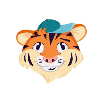 Cute tiger character, face with pensive, thoughtful emotions. Wild animals of Stock Illustration