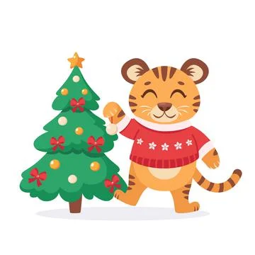 Cute tiger with Christmas tree. Year of the tiger 2022. Vector illustration Иллюстрация