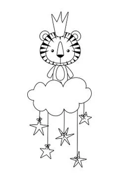 Cute tiger with corwn over cloud and stars vector design イラスト素材