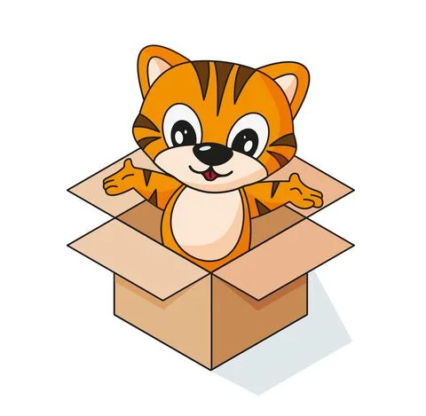 Cute tiger cub with sitting in a box vector illustration Stock Illustration