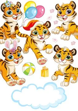 Cute tiger cubs running forward cartoon characters vector vertical illustrati Illustrazione stock