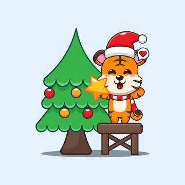 Cute tiger decorating the Christmas tree on Christmas day. Stock Illustration