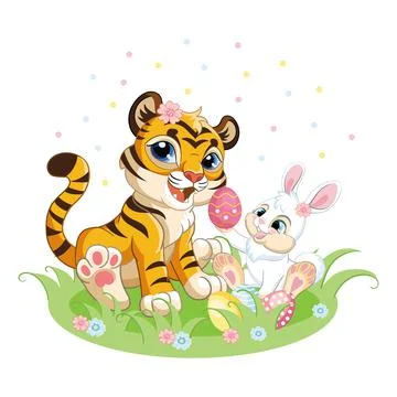 Cute tiger with Easter bunny vector illustration Stock Illustration