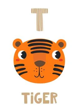 Cute tiger face, letter T, text, illustration isolated Stock Illustration