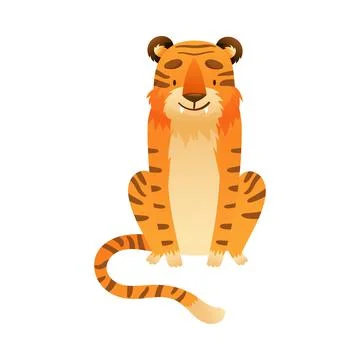 Cute tiger. Front view of sitting wild predator animal cartoon vector Stock Illustration