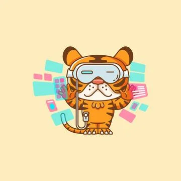 Cute tiger interact virtual reality glasses vr kawaii chibi character mascot Illustrazione stock
