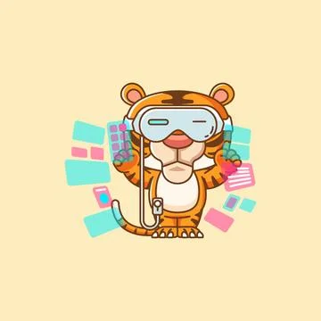 Cute tiger interact virtual reality glasses vr kawaii chibi character mascot Stock Illustration
