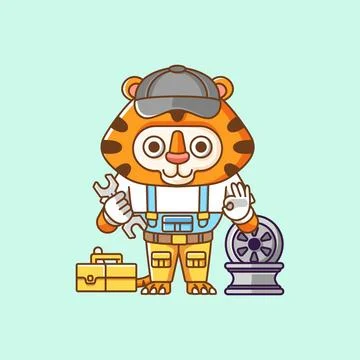 Cute tiger mechanic with tool at workshop cartoon animal character mascot icon Stock Illustration